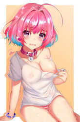 Rule 34 | 1girl, absurdres, ahoge, aqua eyes, arm support, bare legs, bare shoulders, barefoot, belt collar, blush, bracelet, breasts, choker, cleavage, clothes pull, collar, collarbone, commentary request, covered erect nipples, earrings, flashing, hair intakes, heart-shaped lock, heart collar, highres, idolmaster, idolmaster cinderella girls, jewelry, large breasts, lifted by self, looking at viewer, medium breasts, multicolored hair, nipples, no bra, no pants, off-shoulder shirt, off shoulder, open mouth, panties, pill earrings, pink choker, pink collar, pink eyes, pink hair, pink panties, pulled by self, ring, see-through, shirt, shirt pull, short hair, short sleeves, sitting, solo, striped clothes, striped panties, sweat, t-shirt, tearing up, tears, two-tone hair, underwear, white shirt, xiao dao jun, yokozuwari, yumemi riamu