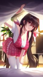 Rule 34 | 1girl, absurdres, black hair, blurry, blurry background, braid, breasts, closed mouth, dress, hand on own thigh, highres, jewelry, large breasts, leaning forward, lifting covers, long hair, looking at viewer, necklace, pov, red eyes, rekaerb maerd, romantic saga of beauty &amp; devil, solo, thighhighs, twin braids, under covers, white thighhighs