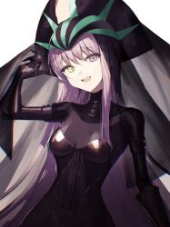 Rule 34 | 1girl, black bodysuit, black gloves, black headdress, bodysuit, breasts, commentary, elbow gloves, fate/grand order, fate (series), gloves, headdress, heterochromia, highres, kingprotea (fate), latex, latex bodysuit, long hair, looking at viewer, medium breasts, open mouth, purple eyes, purple hair, simple background, skin tight, smile, solo, tamitami, teeth, upper teeth only, veil, very long hair, white background, xochitonal (fate), yellow eyes