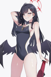 Rule 34 | 1girl, asakawa (outeq), bare arms, bare legs, bare shoulders, black choker, black hair, black one-piece swimsuit, black wings, blue archive, blush, breasts, choker, cowboy shot, grey eyes, grin, gun, hair ornament, hairclip, halo, hand in own hair, highres, ichika (blue archive), long hair, looking at viewer, medium breasts, one-piece swimsuit, red halo, school swimsuit, sideboob, simple background, smile, solo, swimsuit, weapon, white background, wings