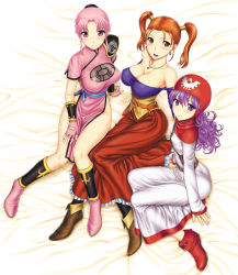 Rule 34 | 3girls, bare shoulders, blush, bracer, breasts, china dress, chinese clothes, chunsoft, cleavage, covered erect nipples, crossover, dragon quest, dragon quest dai no daibouken, dragon quest ii, dragon quest viii, dress, earrings, enix, fingerless gloves, gloves, hat, helmet, jessica albert, jewelry, large breasts, looking at viewer, maam, multiple girls, necklace, orange hair, pink eyes, pink hair, ponytail, princess of moonbrook, purple eyes, purple hair, shirt, square enix, st.germain-sal, strapless, taut clothes, taut shirt, thighs, tube top, twintails