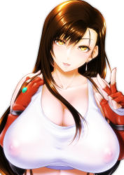 Rule 34 | 1990s (style), 1girl, bare shoulders, blush, breasts, brown hair, cleavage, collarbone, covered erect nipples, crop top, earrings, female focus, final fantasy, final fantasy vii, fingerless gloves, fumizuki misoka, gloves, head tilt, huge breasts, jewelry, lips, long hair, looking at viewer, nipples, no bra, parted lips, red gloves, retro artstyle, see-through, shirt, sidelocks, simple background, smile, solo, tank top, tifa lockhart, upper body, v, white background, yellow eyes