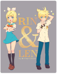 Rule 34 | 1boy, 1girl, arm up, armlet, bittersweet (dalcoms), black socks, blonde hair, blue eyes, blush, bow, brother and sister, crossed arms, dress shirt, frown, hair ornament, hair ribbon, hairpin, highres, kagamine len, kagamine rin, kneehighs, open mouth, ponytail, pouch, ribbon, school uniform, shirt, shoes, short hair, siblings, skirt, socks, star (symbol), twins, vocaloid