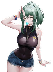 Rule 34 | 1girl, absurdres, alternate costume, alternate hairstyle, arknights, arm support, armpits, bare shoulders, black shirt, bracelet, breasts, blowing bubbles, chewing gum, commentary, cowboy shot, denim, denim shorts, green hair, green nails, hair up, highres, horns, hoshiguma (arknights), jewelry, large breasts, multiple bracelets, nail polish, name tag, ponytail, sama (sama24654684), shirt, shorts, sidelocks, simple background, single horn, sleeveless, sleeveless shirt, solo, tight clothes, white background, yellow eyes