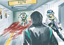 Rule 34 | 1boy, 1girl, 1other, absurdres, arknights, blood, blue hair, blue headwear, closed eyes, crossover, doctor (arknights), exit sign, from behind, hallway, hat, highres, holding, holding staff, holding umbrella, hood, hood up, indoors, light blue hair, long hair, mahimeko, mizuki (arknights), parody, poster (object), short hair with long locks, shorts, skadi (arknights), skadi the corrupting heart (arknights), sketch, smile, staff, the exit 8, umbrella