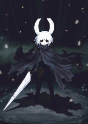 Rule 34 | absurdres, cape, full body, highres, hollow knight, jun (navigavi), knight (hollow knight), personification, standing, sword, weapon, white hair