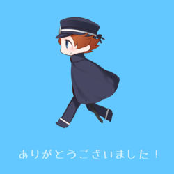Rule 34 | 1boy, blue background, blue eyes, blush, brown hair, cape, cosplay, inazuma eleven (series), inazuma eleven go, kuzunoha raidou, kuzunoha raidou (cosplay), lowres, male focus, matsukaze tenma, short hair, simple background, smile, solo, tooru