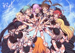 6+girls :d absurdres alt_text aqua_hair arashi_chisato black_dress black_hair black_hat blonde_hair blue_background blue_eyes blue_hair blunt_bangs braid braided_twintails brown_hair checkered_clothes checkered_dress circle_formation closed_mouth congratulations crown_braid dated double_bun dress earrings everyone floating_hair gradient_hair green_eyes grey_hair grin hair_bun hair_ribbon hat hazuki_ren heanna_sumire high_ponytail highres jewelry juliet_sleeves let&#039;s_be_one_(love_live!) long_hair long_sleeves love_live! love_live!_superstar!! low_twin_braids low_twintails medium_hair multicolored_clothes multicolored_dress multicolored_hair multiple_girls official_alternate_costume onitsuka_natsumi onitsuka_tomari open_mouth orange_dress orange_eyes orange_hair pink_eyes pink_hair ponytail profile puffy_sleeves purple_hair red_eyes ribbon sakurakoji_kinako seiha_(hnumkt) shibuya_kanon short_hair sidelocks sideways_mouth smile tang_keke teeth translation_request twin_braids twintails two-tone_hair upper_teeth_only very_long_hair wakana_shiki white_dress white_ribbon wien_margarete yellow_eyes yoneme_mei