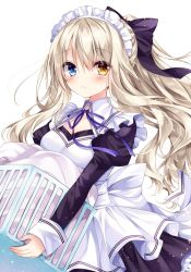 Rule 34 | 1girl, apron, black dress, blue eyes, blue ribbon, bow, breasts, brown hair, closed mouth, collarbone, commentary request, dress, frills, hair between eyes, hair bow, heterochromia, holding, juliet sleeves, laundry, laundry basket, long hair, long sleeves, looking at viewer, luca (nogi takayoshi), maid, maid apron, maid headdress, medium breasts, neck ribbon, nogi takayoshi, orange eyes, original, ponytail, puffy sleeves, ribbon, simple background, solo, white background