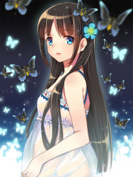 Rule 34 | 1girl, bare shoulders, black hair, blue eyes, bug, butterfly, camisole, flower, from side, hair flower, hair ornament, insect, lingerie, long hair, looking at viewer, open mouth, original, parted lips, see-through, solo, symbol-shaped pupils, underwear, zonana