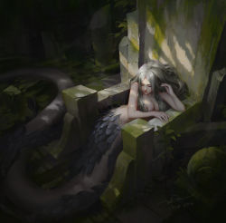 Rule 34 | 1girl, 2016, breasts, closed mouth, commentary, dao trong le, dated, closed eyes, snake hair, highres, lamia, large breasts, leaf, long hair, monster girl, moss, nipples, nose, original, scales, signature, silver hair, sitting, solo, tail, throne