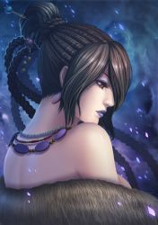 Rule 34 | 00s, 1girl, bare shoulders, black hair, blue background, braid, brown eyes, diamond dust, earrings, final fantasy, final fantasy x, french braid, fur trim, hair ornament, highres, jewelry, lipstick, long hair, lots of jewelry, lulu (ff10), makeup, necklace, solo, square enix