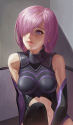 Rule 34 | 1girl, bad id, bad pixiv id, bare shoulders, breasts, elbow gloves, eyelashes, fate/grand order, fate (series), gloves, hair over one eye, lips, looking to the side, mash kyrielight, pink hair, purple eyes, realistic, shadow, shengxie, sitting, solo