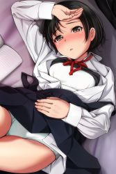 Rule 34 | 1girl, absurdres, arms up, black hair, black skirt, blush, book, bra, breasts, brown eyes, hand on own head, hand on own stomach, highres, long sleeves, looking at viewer, lying, matsunaga kouyou, on back, open clothes, open mouth, open shirt, original, panties, red neckwear, school uniform, shirt, short hair, skirt, small breasts, solo, training bra, underwear, uniform, white panties, white shirt