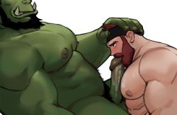 Rule 34 | 2boys, abs, bara, beard, between pecs, between pectorals, blush, chest hair, colored skin, completely nude, cum, cum on body, cum on male, cum on pectorals, dopey (dopq), erection, facial hair, fangs, fellatio, from side, frottage, green skin, hand on another&#039;s head, headband, interspecies, large pectorals, licking, licking penis, male focus, male pubic hair, monster boy, multiple boys, muscular, muscular male, navel hair, nipples, nude, oral, orange hair, orc, original, pecjob, pectorals, penis, pointy ears, pubic hair, short hair, size difference, smirk, uncensored, yaoi