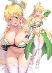 Rule 34 | 1girl, blonde hair, breasts, collarbone, green eyes, hair between eyes, hair ornament, highres, kawase seiki, large breasts, leafa, long hair, looking at viewer, navel, open mouth, solo, sweatdrop, sword art online, thighhighs, white background, white thighhighs