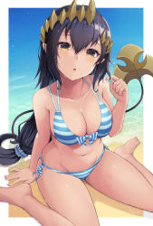 Rule 34 | 1girl, :o, absurdres, bare arms, bare legs, bare shoulders, barefoot, bikini, black hair, blue scrunchie, blush, breasts, brown eyes, cleavage, commentary request, hair between eyes, hair ornament, hair scrunchie, hand up, highres, honey strap, long hair, low-tied long hair, medium breasts, nanashi inc., parted lips, scrunchie, shimamura charlotte, solo, striped bikini, striped clothes, swimsuit, tail raised, temari rin, very long hair, virtual youtuber