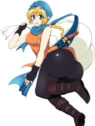 Rule 34 | 1girl, ass, bag, bare shoulders, blonde hair, blue eyes, braid, breasts, female focus, fire emblem, fire emblem: genealogy of the holy war, hat, knife, long hair, nintendo, pants, patty (fire emblem), simple background, solo, weapon, wedge (tyrl stride), white background