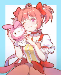 Rule 34 | &gt; o, 2girls, absurdres, animal ears, blush, bow, buttons, choker, closed mouth, cloudyman, commentary request, crossover, dress, hair ornament, hat, highres, holding, kaname madoka, lolita fashion, magical girl, mahou shoujo madoka magica, mahou shoujo madoka magica (anime), multicolored clothes, multicolored dress, multiple girls, my melody, one eye closed, onegai my melody, pink dress, pink eyes, pink hair, pink ribbon, pink skirt, rabbit, rabbit ears, red bow, red choker, ribbon, sanrio, short hair, skirt, smile, sweet lolita, twintails