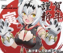 Rule 34 | 1girl, 2022, akeome, animal ears, aosora kamiya, artist logo, artist name, between breasts, black dress, breasts, chinese zodiac, claw pose, claws, cleavage cutout, clothing cutout, commentary, dress, english text, fang, frown, gloves, grey gloves, happy new year, highres, looking at viewer, medium breasts, medium hair, necktie, nengajou, new year, open mouth, original, red necktie, silver hair, sleeveless, sleeveless dress, solo, tiger ears, translated, year of the tiger, yellow eyes