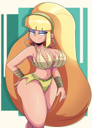 Rule 34 | 1girl, absurdres, aged up, amazon warrior, arm behind back, ass, bare arms, bare legs, bare shoulders, bikini, blonde hair, blunt bangs, breasts, cleavage, closed mouth, commentary, commission, covering breasts, covering privates, cowboy shot, curvy, earrings, english commentary, eyeshadow, facing viewer, feet out of frame, frown, gravity falls, hair ornament, hand on own hip, high ponytail, highleg, highres, hoop earrings, jewelry, large breasts, long hair, looking at viewer, looking to the side, makeup, navel, pacifica northwest, purple eyeshadow, shaded face, shadow, shiny skin, sidelocks, simple background, solo, sonson-sensei, standing, swimsuit, thick thighs, thighs, tsundere, very long hair, wide hips