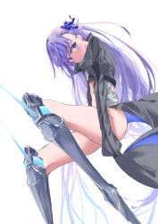 Rule 34 | 1girl, absurdres, blue eyes, bottomless, fate/extra, fate/extra ccc, fate/grand order, fate (series), hair ribbon, highres, long hair, looking at viewer, meltryllis (fate), moruhinesan, prosthesis, prosthetic leg, purple hair, ribbon, simple background, sleeves past wrists, smile, solo, spikes, very long hair, white background