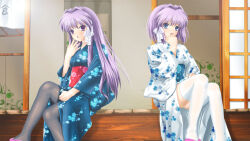Rule 34 | 2girls, alternate costume, architecture, black pantyhose, blue eyes, blue kimono, blush, bob cut, bow, clannad, commentary, east asian architecture, eyelashes, feet out of frame, floral print, frown, fujibayashi kyou, fujibayashi ryou, hair between eyes, hair bow, hair intakes, hair ribbon, hand up, highres, japanese clothes, kimono, knee up, knees up, long hair, long sleeves, multiple girls, open mouth, pantyhose, purple eyes, purple hair, ribbon, shikkoku no hitomi, short hair, shy, siblings, sidelocks, sisters, sitting, straight hair, thighhighs, twins, wavy mouth, white bow, white kimono, white ribbon, white thighhighs, wide sleeves