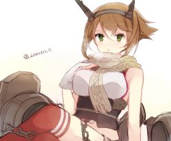 Rule 34 | 10s, 1girl, bad id, bad twitter id, brown hair, gloves, green eyes, hairband, hiiragi souren, kantai collection, midriff, mutsu (kancolle), scarf, sketch, solo, thighhighs, turret, twitter username