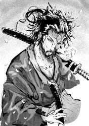 Rule 34 | 1boy, artist request, highres, katana, male focus, miyamoto musashi (vagabond), monochrome, samurai, short hair, sword, text focus, vagabond, weapon