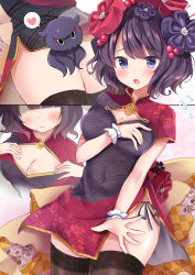 Rule 34 | 1girl, alternate costume, black panties, black thighhighs, blush, breasts, china dress, chinese clothes, cleavage cutout, clothing cutout, covered navel, dress, fate/grand order, fate (series), flower, hair flower, hair ornament, highres, katsushika hokusai (fate), looking at viewer, masayo (gin no ame), medium breasts, multiple views, octopus, open mouth, panties, purple eyes, purple hair, short hair, short sleeves, thighhighs, underwear