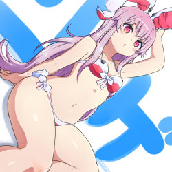 Rule 34 | 1girl, animal ears, arm support, arm up, bikini, blush, breasts, dutch angle, feet out of frame, front-tie bikini top, front-tie top, gradient hair, highres, komito, light purple hair, long hair, medium breasts, multicolored hair, parted lips, rabbit ears, rabbit girl, rabbit tail, red bikini, red eyes, reisen udongein inaba, side-tie bikini bottom, sitting, solo, swimsuit, tail, touhou, v-shaped eyebrows, very long hair, white background, yokozuwari
