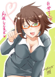 Rule 34 | 10s, 1girl, ;d, alternate costume, bespectacled, breasts, brown hair, formal, glasses, green eyes, heart, heart of string, jacket, kantai collection, kiriki haruomi, large breasts, leaning forward, looking at viewer, mutsu (battleship), mutsu (kancolle), office lady, one eye closed, open mouth, pencil skirt, pov, short hair, skirt, skirt suit, smile, solo, suit, translation request