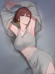 Rule 34 | 1girl, :o, absurdres, ahoge, aketa mikoto, armpits, arms up, bed sheet, blonde hair, blue eyes, bra, breasts, brown hair, collarbone, commentary, cowboy shot, from above, grey bra, grey shorts, grey sweater, hair bun, highres, idolmaster, idolmaster shiny colors, looking at viewer, lying, medium breasts, midriff, multicolored hair, navel, on side, open mouth, short hair, shorts, side slit, single hair bun, sjuno, solo, sports bra, sweater, thighs, two-tone hair, underwear