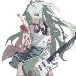 Rule 34 | 1girl, absurdres, diagonal-striped clothes, diagonal-striped necktie, green hair, guitar, hatsune miku, headphones, headphones around neck, highres, instrument, looking at viewer, necktie, qtian, shirt, solo, striped clothes, vocaloid, white background, white shirt