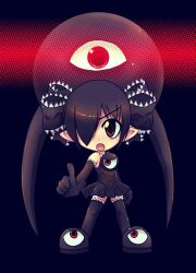 Rule 34 | 1girl, 1other, :o, backbeako (torotei), backbeard, black background, black dress, black footwear, black gloves, black hair, black ribbon, black thighhighs, chibi, commentary request, dress, elbow gloves, full body, futaba channel, gegege no kitarou, gloves, hair over one eye, hair ribbon, index finger raised, light blush, long hair, looking at viewer, open mouth, original, pointy ears, red eyes, ribbon, simple background, sleeveless, sleeveless dress, solo, solo focus, standing, thighhighs, torotei, twintails