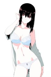 Rule 34 | 1girl, black hair, bow, bow panties, bra, breasts, brown eyes, cleavage, contrapposto, cowboy shot, tucking hair, highres, lace, lace-trimmed bra, lace-trimmed panties, lace trim, lingerie, long hair, looking at viewer, medium breasts, navel, off shoulder, ogino jun, open clothes, open shirt, original, panties, smile, solo, underwear