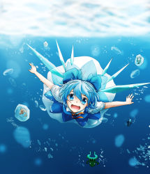Rule 34 | 1girl, blue dress, blue eyes, blue hair, bow, bubble, cirno, crystal (pixiv), crystal (zhimengxingyun), diving, dress, fish, frog, frozen, frozen frog, hair bow, highres, ice, ice wings, looking at viewer, matching hair/eyes, open mouth, outstretched arms, short sleeves, smile, solo, touhou, underwater, wings