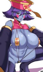 Rule 34 | 1girl, alecto 0, blue hair, blue skin, blush stickers, boots, breasts, cleavage, cleft of venus, colored skin, covered erect nipples, detached sleeves, hat, high heel boots, high heels, highres, huge breasts, jiangshi, lei lei, maebari, ofuda, ofuda on head, ofuda on nipples, ofuda on pussy, open mouth, pasties, pubic hair, pubic hair peek, short hair, slingshot swimsuit, sweat, swimsuit, thigh boots, thighhighs, vampire (game), wedgie
