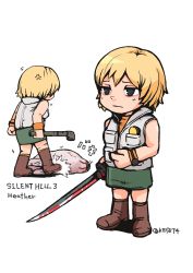 Rule 34 | 1girl, absurdres, blonde hair, blood, character name, chibi, closed mouth, copyright name, full body, heather mason, highres, katana, kesut4, lead pipe, miniskirt, monster, short hair, silent hill (series), silent hill 3, simple background, skirt, sleeveless, solo, sword, vest, weapon, white background, wristband