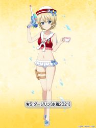 Rule 34 | 1girl, bikini, blonde hair, blue eyes, blue flower, blue ribbon, blue rose, blush, braid, breasts, character name, cleavage, collarbone, cup, darjeeling (girls und panzer), dixie cup hat, emblem, female focus, flower, frilled bikini, frills, full body, girls und panzer, girls und panzer senshadou daisakusen!, groin, hair between eyes, hat, holding, holding cup, holding water gun, holster, legs, looking at viewer, military hat, navel, neckerchief, official art, red bikini, ribbon, rose, sailor bikini, sailor collar, sandals, simple background, smile, solo, st. gloriana&#039;s (emblem), swept bangs, swimsuit, teacup, thigh holster, thighs, water drop, water gun, wet, white bikini, white footwear, white neckerchief, yellow background