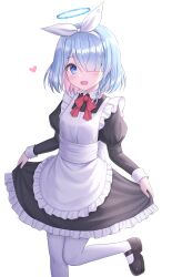 Rule 34 | 1girl, :d, absurdres, alternate costume, apron, arona (blue archive), blue archive, blue eyes, blue hair, blue halo, blush, enmaided, hair over one eye, hairband, halo, heart, highres, long sleeves, looking at viewer, maid, maid apron, open mouth, pantyhose, red ribbon, ribbon, seungju lee, simple background, smile, solo, standing, standing on one leg, white background, white hairband, white pantyhose