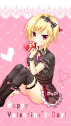 Rule 34 | 1girl, :o, arm at side, black bow, black footwear, black hairband, black shirt, black thighhighs, black wrist cuffs, blonde hair, blush, boots, bow, box, brown skirt, collared shirt, company name, cross-laced footwear, feet out of frame, frilled bow, frilled skirt, frilled wrist cuffs, frills, from side, gift, hair bow, hairband, hand up, happy valentine, heart, heart-shaped box, high-waist skirt, highres, holding, holding gift, kin-iro loveriche, knees up, looking at viewer, medium hair, moribe (rabumanyo), neck ribbon, official art, official wallpaper, open mouth, pink background, pink ribbon, red eyes, ribbon, shirt, short sleeves, simple background, single hair intake, sitting, skirt, solo, souma ria, suspender skirt, suspenders, swept bangs, thigh strap, thighhighs, valentine, wrist cuffs, yellow bow, yellow ribbon