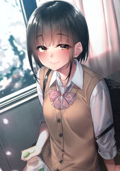 Rule 34 | 1girl, arm support, backpack, bad id, bad pixiv id, bag, black hair, blurry, blurry background, blush, bottle, bow, breasts, brown cardigan, brown eyes, cardigan, closed mouth, collared shirt, commentary request, curtains, day, depth of field, diagonal stripes, highres, holding, holding bottle, indoors, long sleeves, looking at viewer, original, pink bow, rerrere, school uniform, shirt, sitting, small breasts, smile, solo, striped, striped bow, transparent, white shirt, window