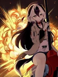 Rule 34 | 1girl, :|, beret, black hair, black hat, black shorts, blush, choker, closed mouth, collarbone, coralie (honkai impact), dutch angle, explosion, expressionless, feet out of frame, floating hair, grey eyes, grey jacket, hammer, hat, highres, holding, holding hammer, honkai (series), honkai impact 3rd, hood, hood down, hooded jacket, jacket, long hair, looking ahead, multicolored hair, nirako mona, open clothes, open jacket, red choker, riding, shirt, shorts, sitting, solo, two-tone hair, white hair, white shirt