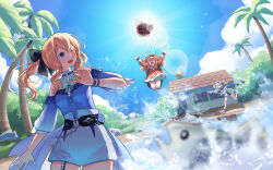 Rule 34 | &gt; &lt;, 3girls, :d, absurdres, ahoge, arms up, backpack, bag, bag charm, barbara (genshin impact), barbara (summertime sparkle) (genshin impact), bent over, blonde hair, bloomers, blue eyes, blue one-piece swimsuit, blue sky, bow, bracelet, brown footwear, brown scarf, cabbie hat, charm (object), chasing, cloud, cloudy sky, clover print, coat, coconut tree, commentary, detached sleeves, dodoco (genshin impact), drill hair, duck print, english commentary, fish, genshin impact, hair between eyes, hair bow, hair ribbon, handbag, hat, hat feather, hat ornament, highres, house, jean (genshin impact), jean (sea breeze dandelion) (genshin impact), jewelry, jumping, jumpy dumpty, klee (genshin impact), lens flare, light brown hair, long hair, long sleeves, looking at viewer, low twintails, mountainous horizon, multiple girls, official alternate costume, one-piece swimsuit, open mouth, outdoors, outstretched arms, palm tree, pointy ears, ponytail, randoseru, red coat, red headwear, revision, ribbon, running, scarf, shirakawafel, sidelocks, sky, smile, spread arms, sun, sunlight, swimsuit, throwing, tree, twin drills, twintails, underwear, xd