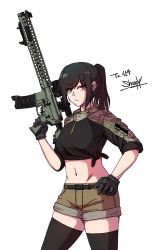 Rule 34 | 1girl, black gloves, black hair, black shirt, black thighhighs, breasts, brown shorts, closed mouth, commission, copyright request, crop top, gloves, gun, hand on own hip, highres, holding, holding gun, holding weapon, long sleeves, looking at viewer, medium breasts, midriff, navel, ponytail, red eyes, sharpy (kdy000913), shirt, short shorts, shorts, simple background, solo, thighhighs, tied shirt, trigger discipline, weapon, weapon request, white background