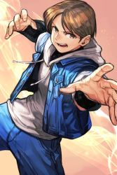 Rule 34 | 1boy, blue jacket, blue pants, brown eyes, brown hair, cowboy shot, dutch angle, grey hoodie, hood, hood down, hoodie, hungry clicker, jacket, legs apart, long sleeves, looking at viewer, male focus, open clothes, open jacket, open mouth, pants, sie kensou, smile, snk, solo, the king of fighters