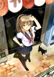 Rule 34 | 1girl, brown hair, cat, denchuubou, from above, green eyes, hand on own hip, long hair, looking at viewer, original, pleated skirt, ponytail, school uniform, serafuku, skirt, solo, standing, thighhighs, zettai ryouiki