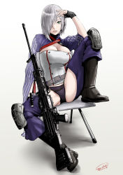 Rule 34 | 1girl, ass, ass cutout, boots, breasts, chair, chaps, cleavage, cleavage cutout, clothing cutout, crotch cutout, fingerless gloves, gesundheit (artist), girls&#039; frontline, gloves, gluteal fold, green eyes, hair over one eye, highres, knee pads, lips, mg5, mg5 (girls&#039; frontline), revealing clothes, signature, silver hair, sittig, sitting, solo, spread legs, weapon, white background