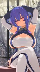 Rule 34 | 1girl, ahoge, armpits, arms behind head, arms up, azur lane, bare shoulders, blue hair, blush, breasts, closed mouth, clothing cutout, commentary request, crossed legs, cushion, dress, elbow gloves, garter straps, gloves, gradient hair, hair between eyes, head tilt, highres, huge breasts, kachua (kachua l), looking at viewer, multicolored hair, purple eyes, purple hair, sideboob, sidelocks, sitting, skindentation, st. louis (azur lane), taut clothes, taut dress, tree, two-tone dress, underboob, underboob cutout, white gloves, white hair, white legwear
